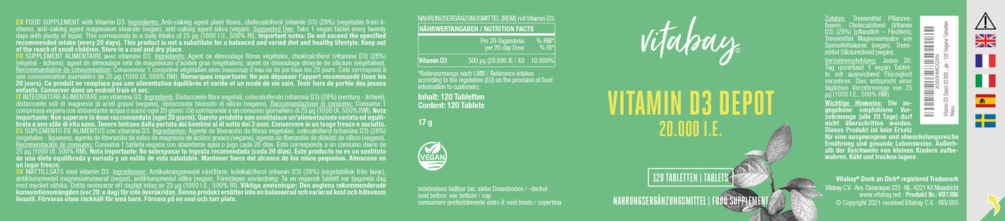 Vitamin D3 Depot 20.000 I.E. - 120 vegane Tabletten